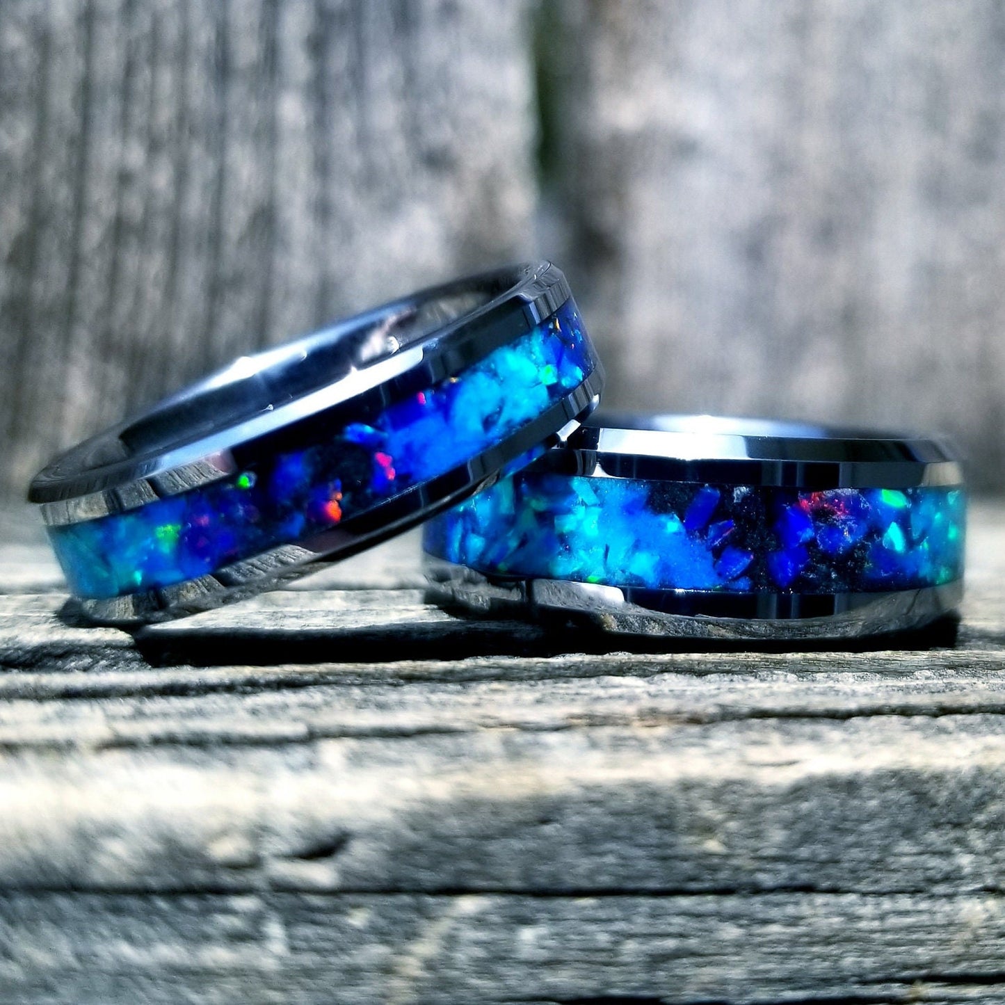Tungsten carbide glow ring with turquoise opal and blue fire opal inlay. Men's ring. Women's ring. Wedding ring. Glow ring Sizes 5-13