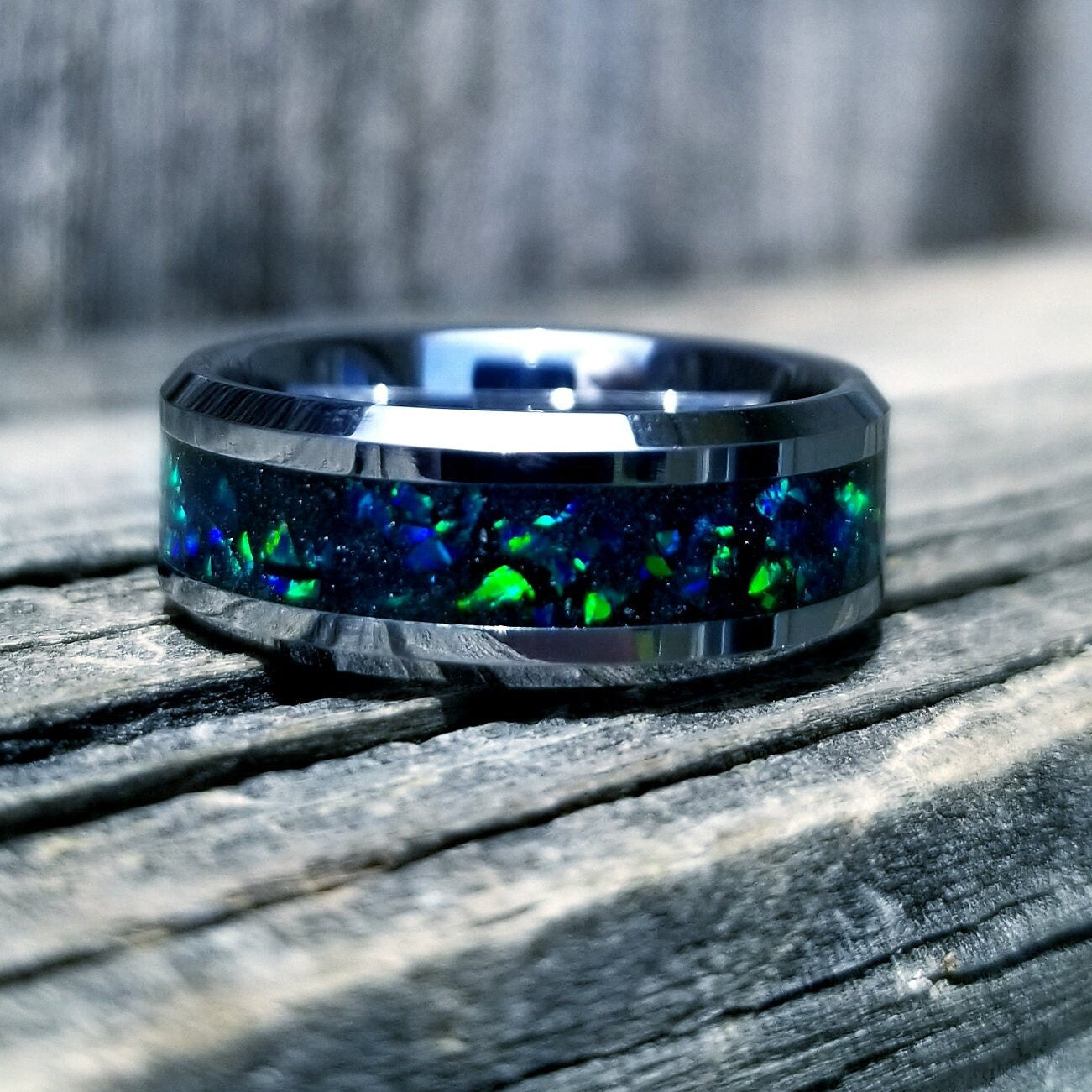 His & Hers Wedding Ring Set- Tungsten Carbide Ring Set with Green Fire Opal & Glowstone Inlay - 8mm & 6mm Rings - Sizes 5-13 - Orth Custom Rings