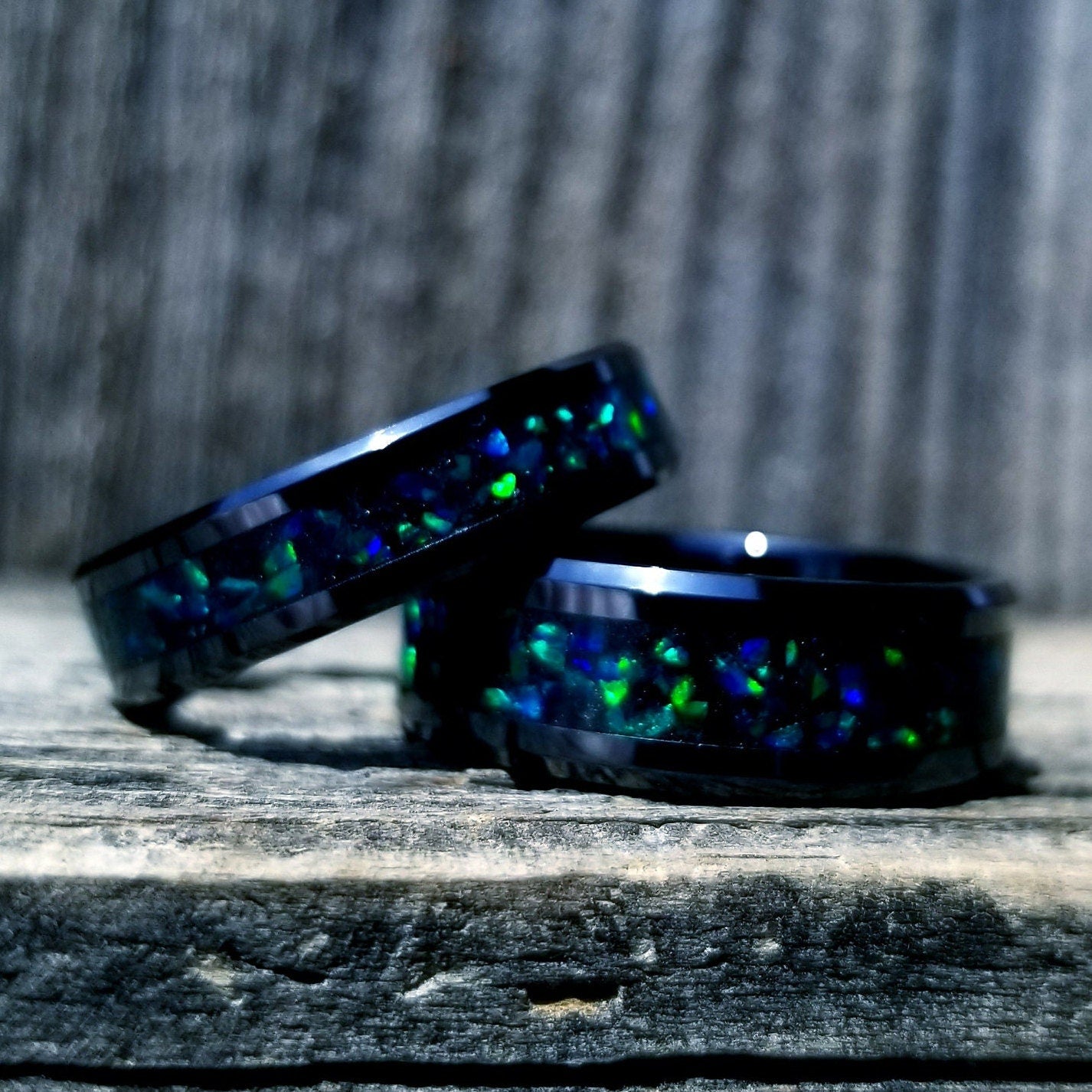 His and Hers Wedding Ring Set. Opal rings. Black Ceramic ring set with green fire opal and glowstone inlay. 8mm and 6mm rings. Sizes 5-13