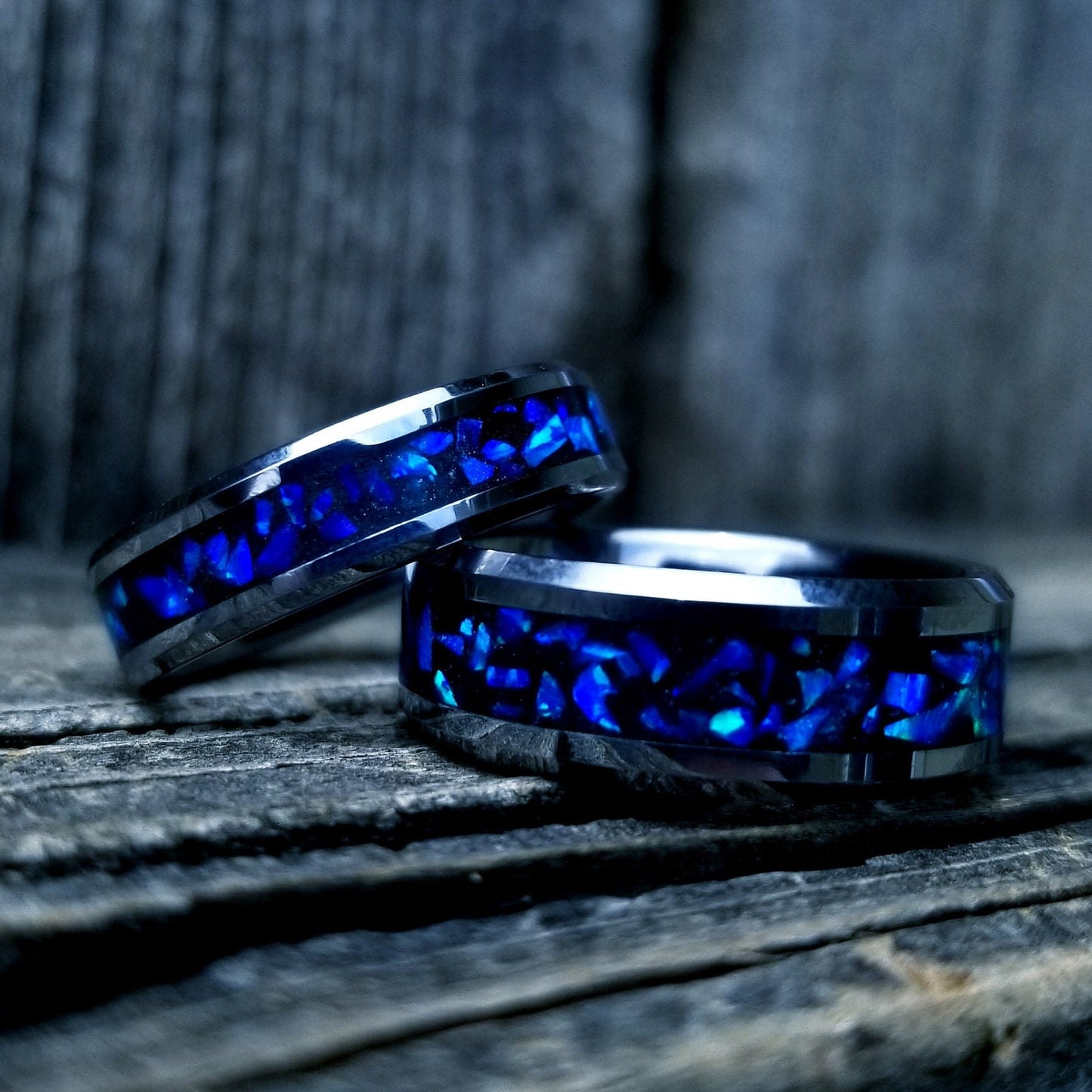 His and Hers wedding ring set. Blue opal ring. Tungsten glow ring set with violet opal and blue fire opal inlay. Sizes 5-13