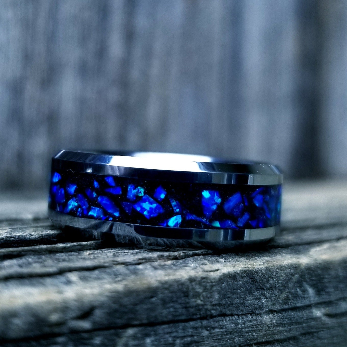 His and Hers wedding ring set. Blue opal ring. Tungsten glow ring set with violet opal and blue fire opal inlay. Sizes 5-13