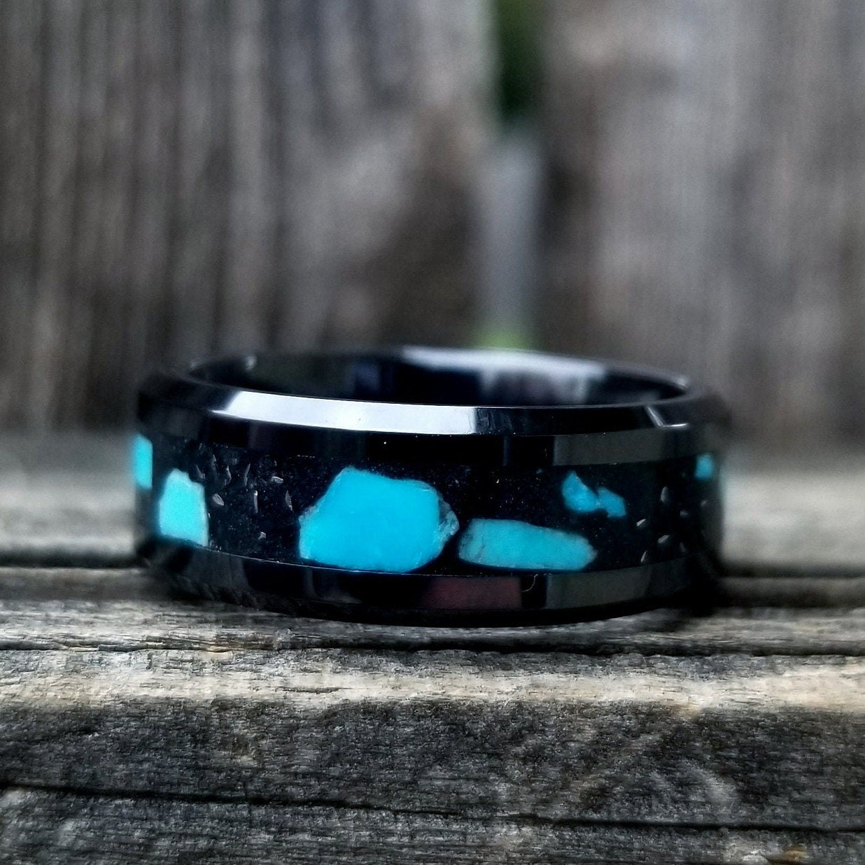 black ceramic glow ring with turquoise inlay. Glow ring. black glow ring, Men's ring. Woman's ring. ceramic ring. Turquoise ring. Sizes 5-13