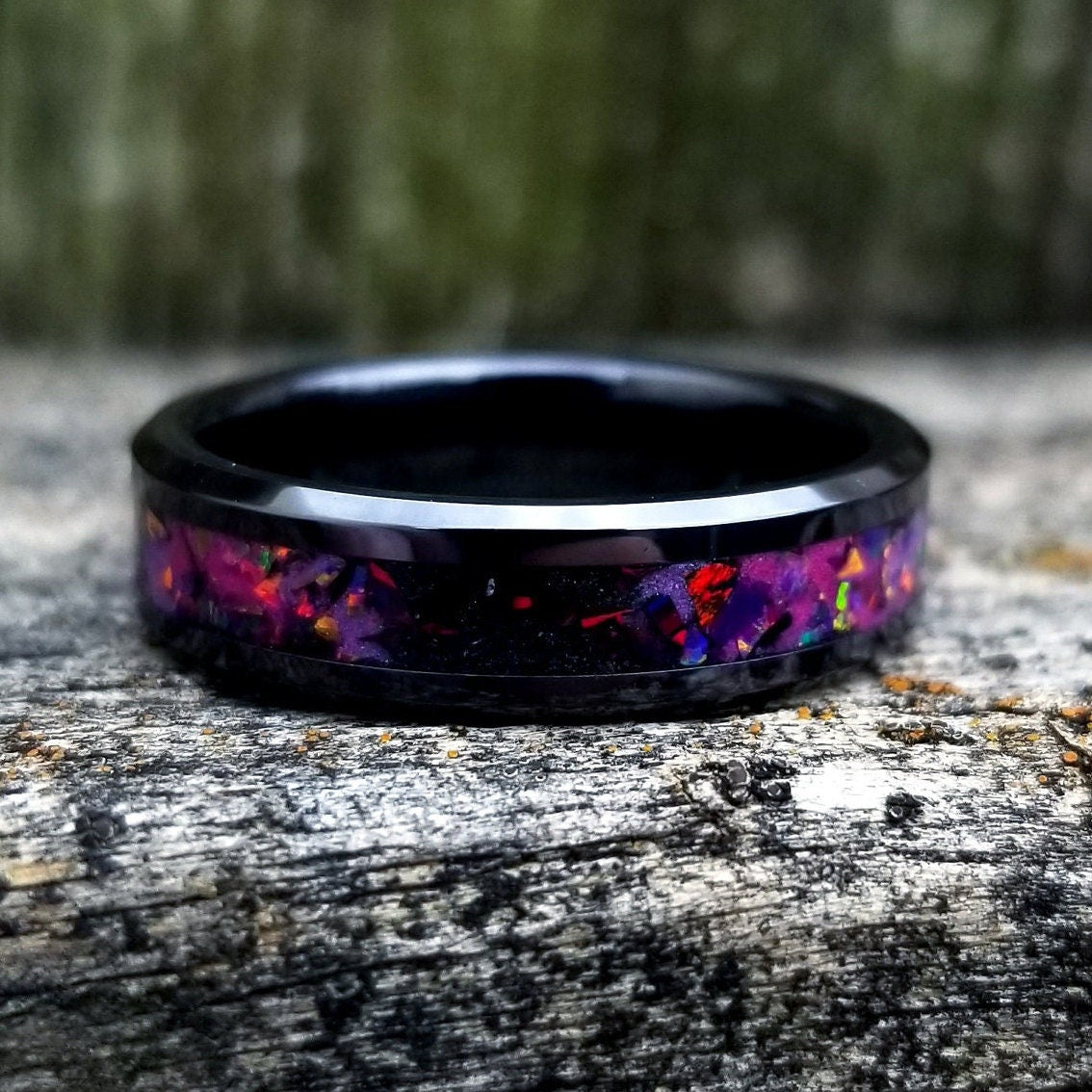 Galaxy opal ring. Black ceramic glow ring with ruby red and black fire opal inlay. Men's ring. Sizes 5-13