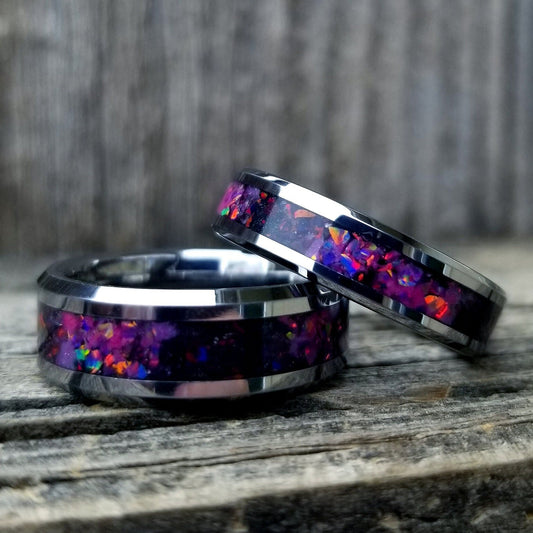 His and Hers wedding ring set. Galaxy fire opal ring. Tungsten carbide glow ring with ruby red and black fire opal inlay. Sizes 5-13