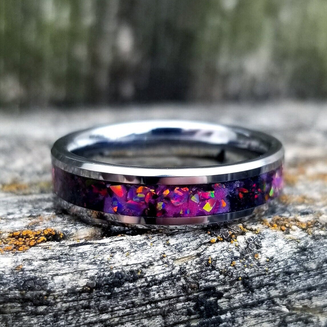 His & Hers Opal Rings - Tungsten Carbide Ring Set with Red Fire Opal & Glowstone Inlay - 8mm & 6mm Rings - Sizes 5-13 - Orth Custom Rings