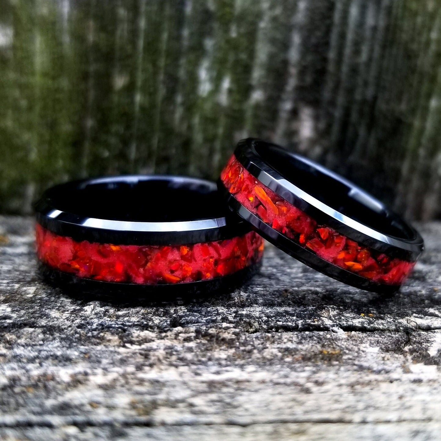 His and Hers Wedding Ring Set. Opal rings. Black Ceramic ring set with red fire opal and glowstone inlay. 8mm and 6mm rings. Sizes 5-13