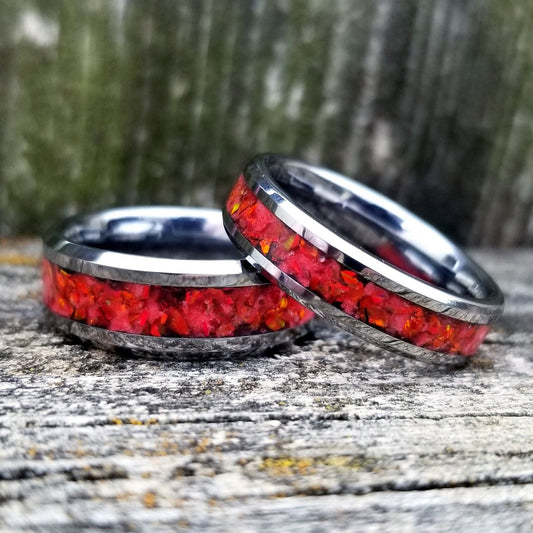 His and Hers Opal rings. Tungsten carbide ring set with red fire opal and glowstone inlay. 8mm and 6mm rings. Sizes 5-13