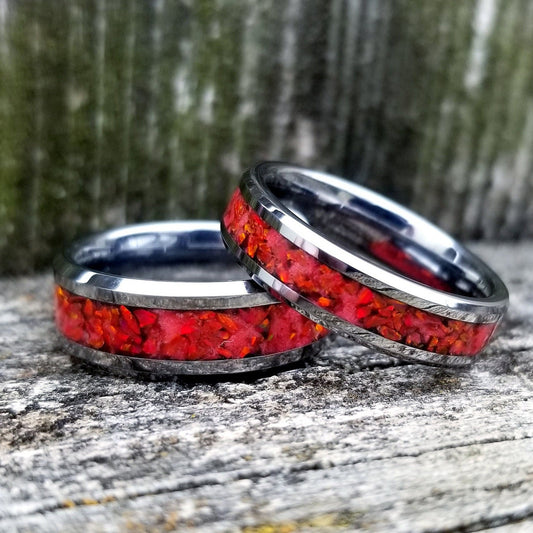 His and Hers Opal rings. Tungsten carbide ring set with red fire opal and glowstone inlay. 8mm and 6mm rings. Sizes 5-13