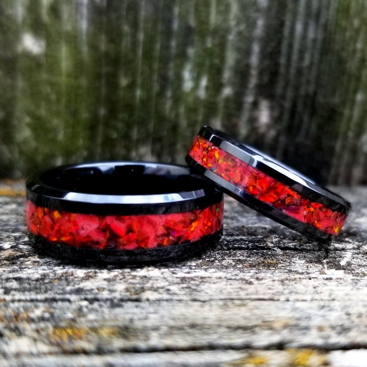 Black ceramic ring with red fire opal and glowstone inlay. Black ceramic ring. Red opal. Opal ring. Men's ring. Women's ring. Sizes 5-13