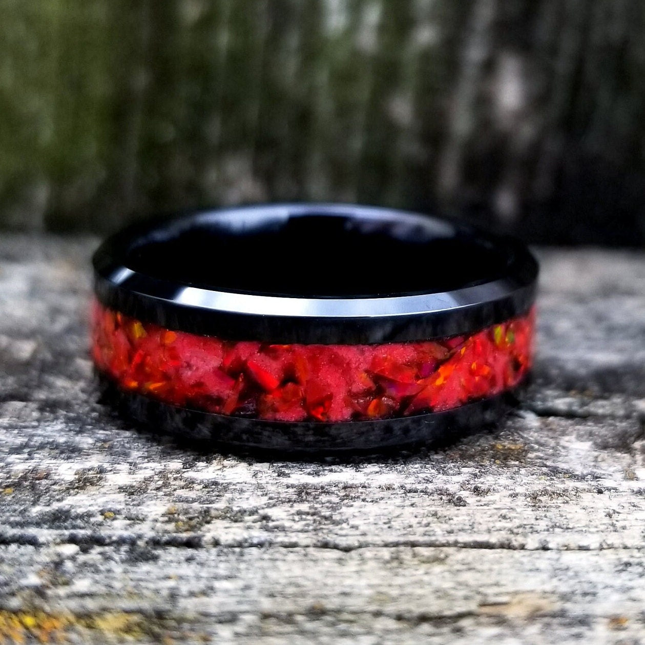 Black ceramic ring with red fire opal and glowstone inlay. Black ceramic ring. Red opal. Opal ring. Men's ring. Women's ring. Sizes 5-13