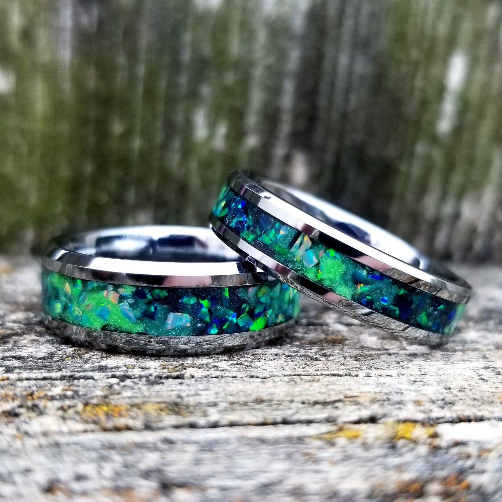 His & Hers Wedding Ring Set- Tungsten Carbide Ring Set with Green Fire Opal & Glowstone Inlay - 8mm & 6mm Rings - Sizes 5-13 - Orth Custom Rings
