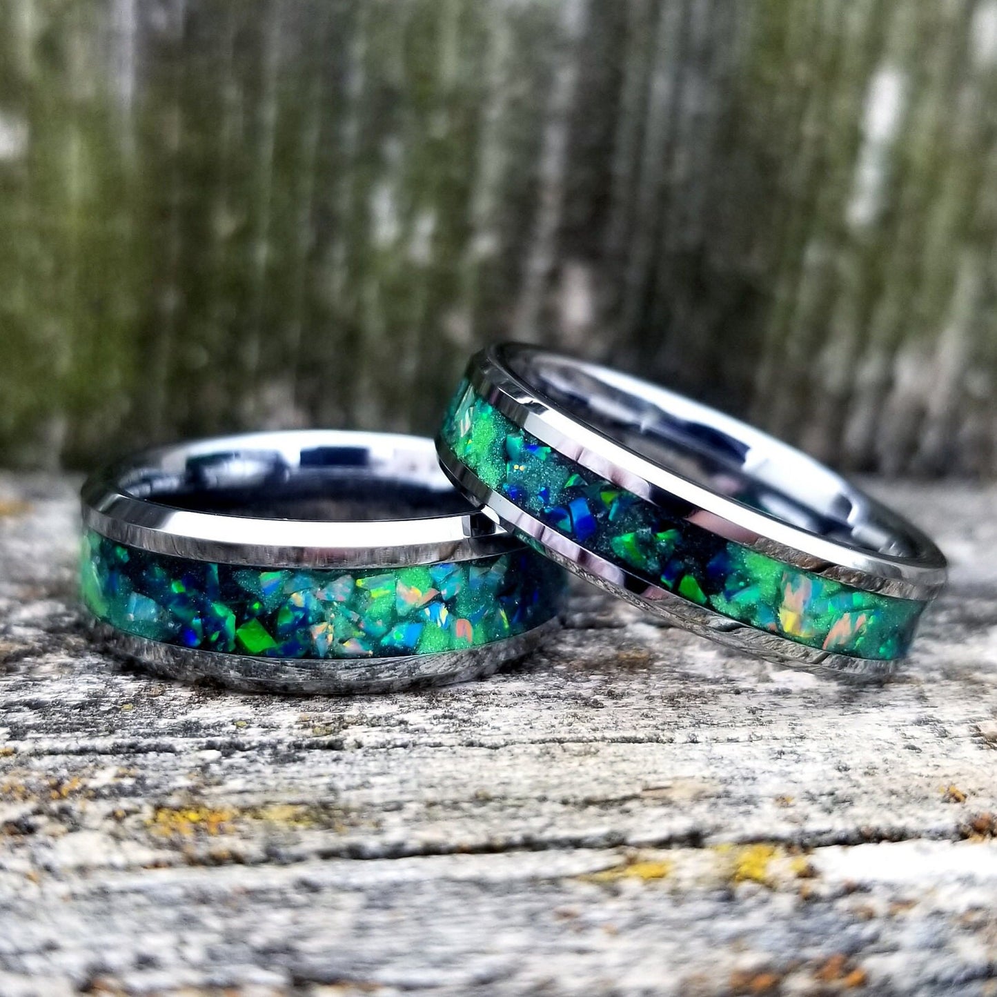 His and Hers wedding ring Galaxy fire opal Tungsten