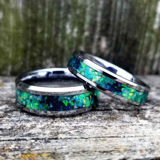 His and Hers wedding ring set. Galaxy fire opal ring. Tungsten carbide glow ring set with green opal and jade fire opal inlay. Sizes 5-13