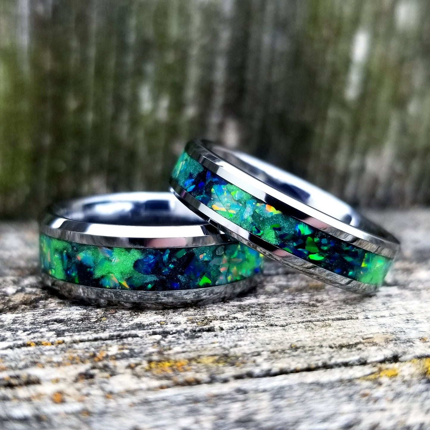His and Hers wedding ring set. Galaxy fire opal ring. Tungsten carbide glow ring set with green opal and jade fire opal inlay. Sizes 5-13