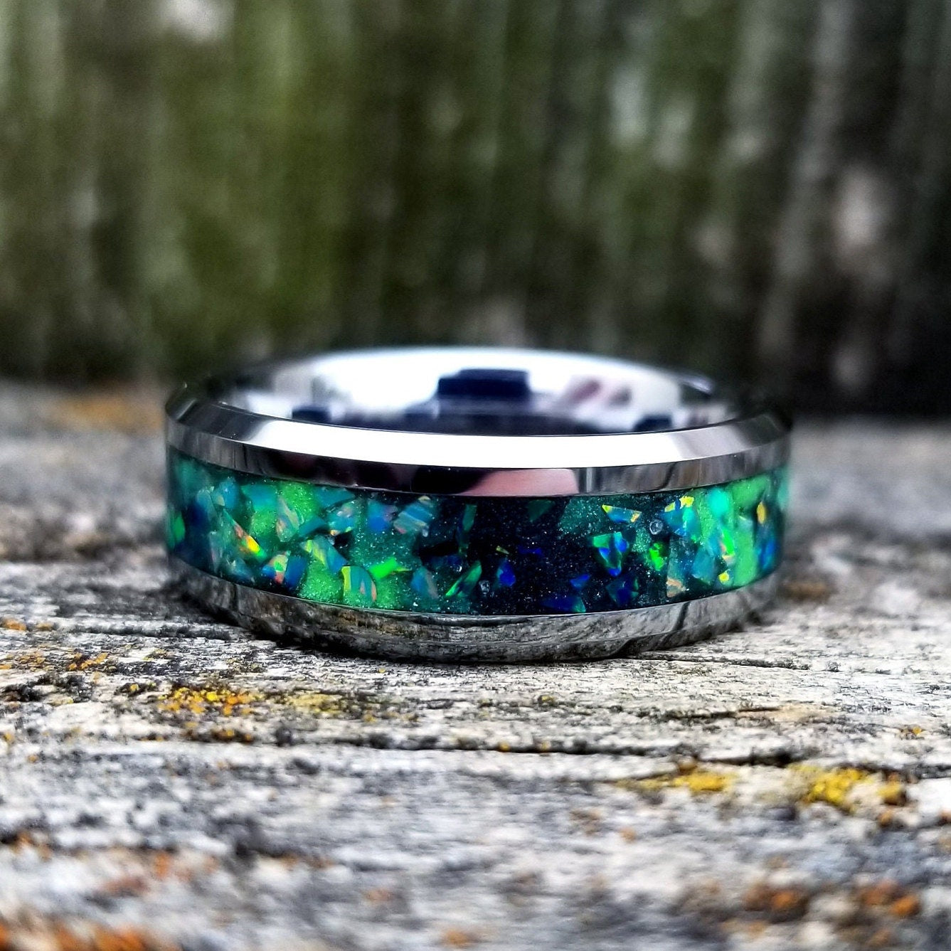 Galaxy opal ring. Tungsten carbide glow ring with forest green opal and  jade fire opal inlay. Men's ring. Sizes 5-13