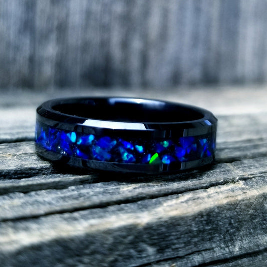 Black ceramic ring lavender blue opal glow ring. Black ceramic ring. blue opal ring. Opal ring. Men's ring. Women's ring. Sizes 5-13