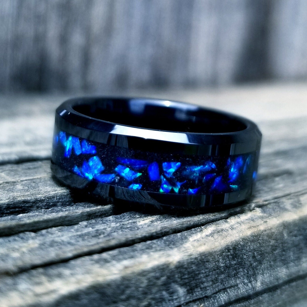 Black ceramic ring lavender blue opal glow ring. Black ceramic ring. blue opal ring. Opal ring. Men's ring. Women's ring. Sizes 5-13