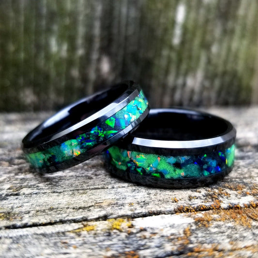 His and Hers wedding ring set. Galaxy fire opal ring. Black ceramic glow ring set with green opal and jade fire opal inlay. Sizes 5-13