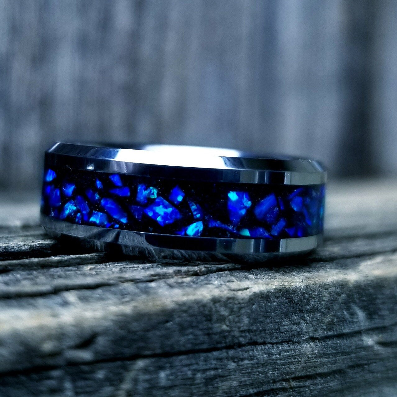 His and Hers wedding ring set. Blue opal ring. Tungsten glow ring set with violet opal and blue fire opal inlay. Sizes 5-13