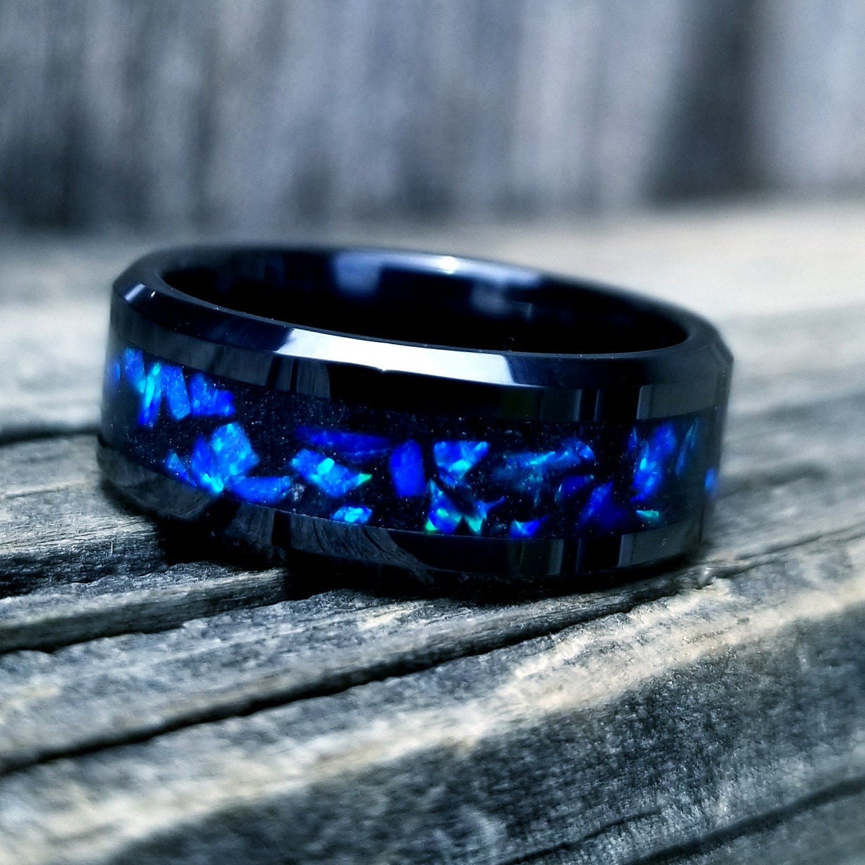 His and Hers Wedding Ring Set. Opal rings. Black Ceramic ring set with violet fire opal and glowstone inlay. 8mm and 6mm rings. Sizes 5-13