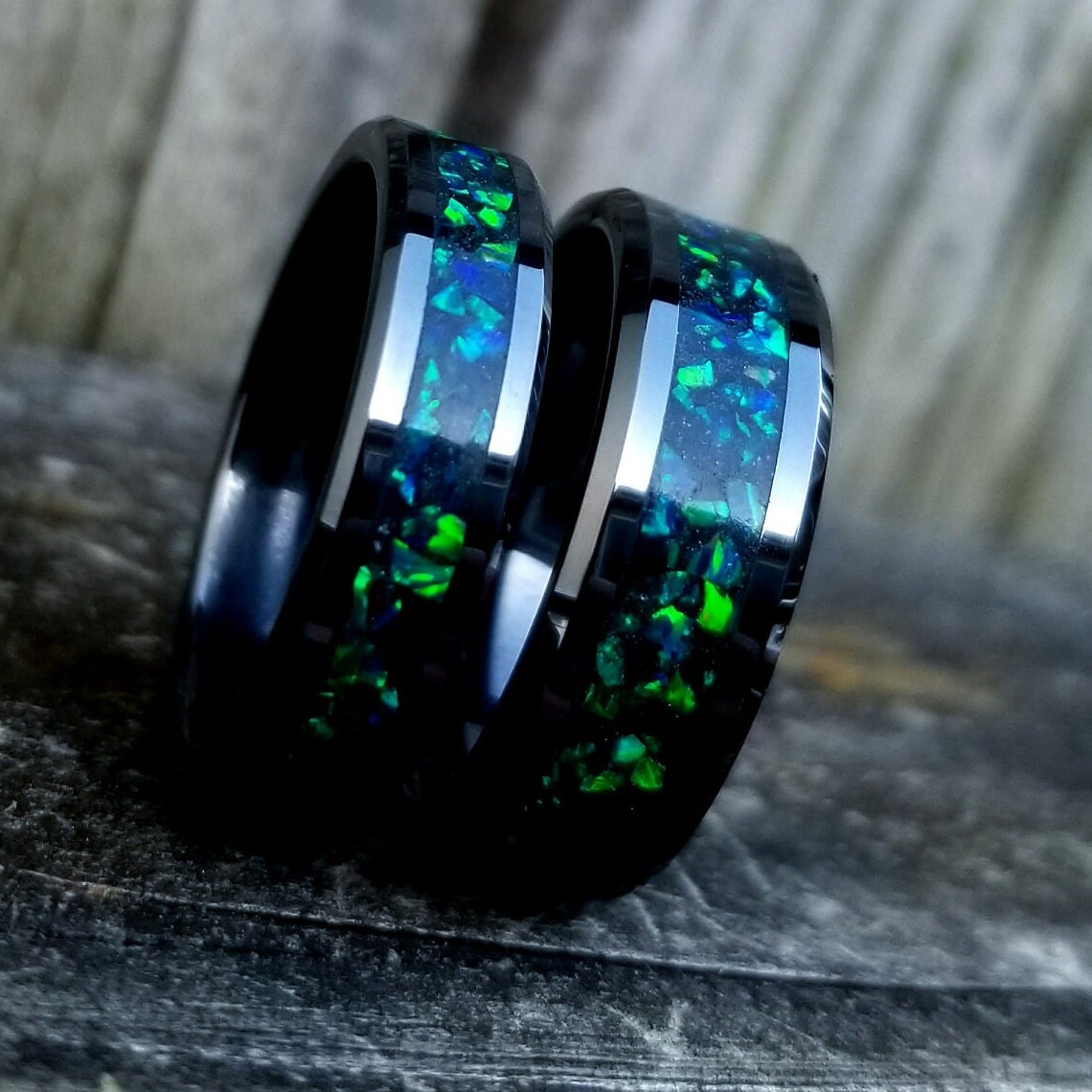 His and Hers Wedding Ring Set. Opal rings. Black Ceramic ring set with green fire opal and glowstone inlay. 8mm and 6mm rings. Sizes 5-13