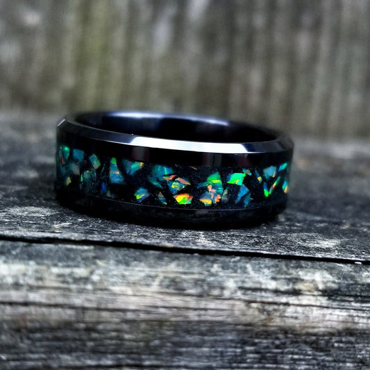 Black ceramic and jade opal blackout glow ring. Black ceramic ring. Black fire opal ring. Opal ring. Men's ring. Women's ring. Sizes 5-13
