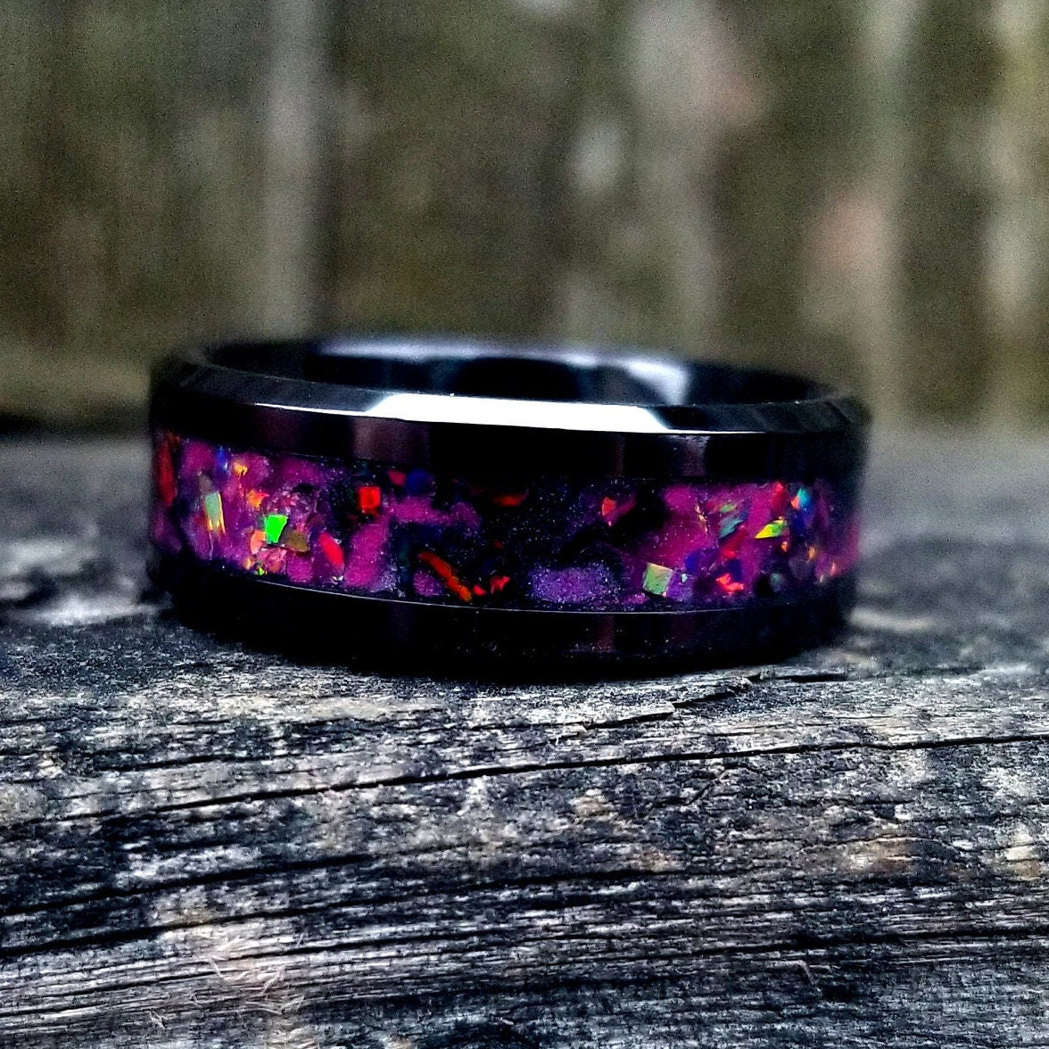 Galaxy opal ring. Black ceramic glow ring with ruby red and black fire opal inlay. Men's ring. Sizes 5-13