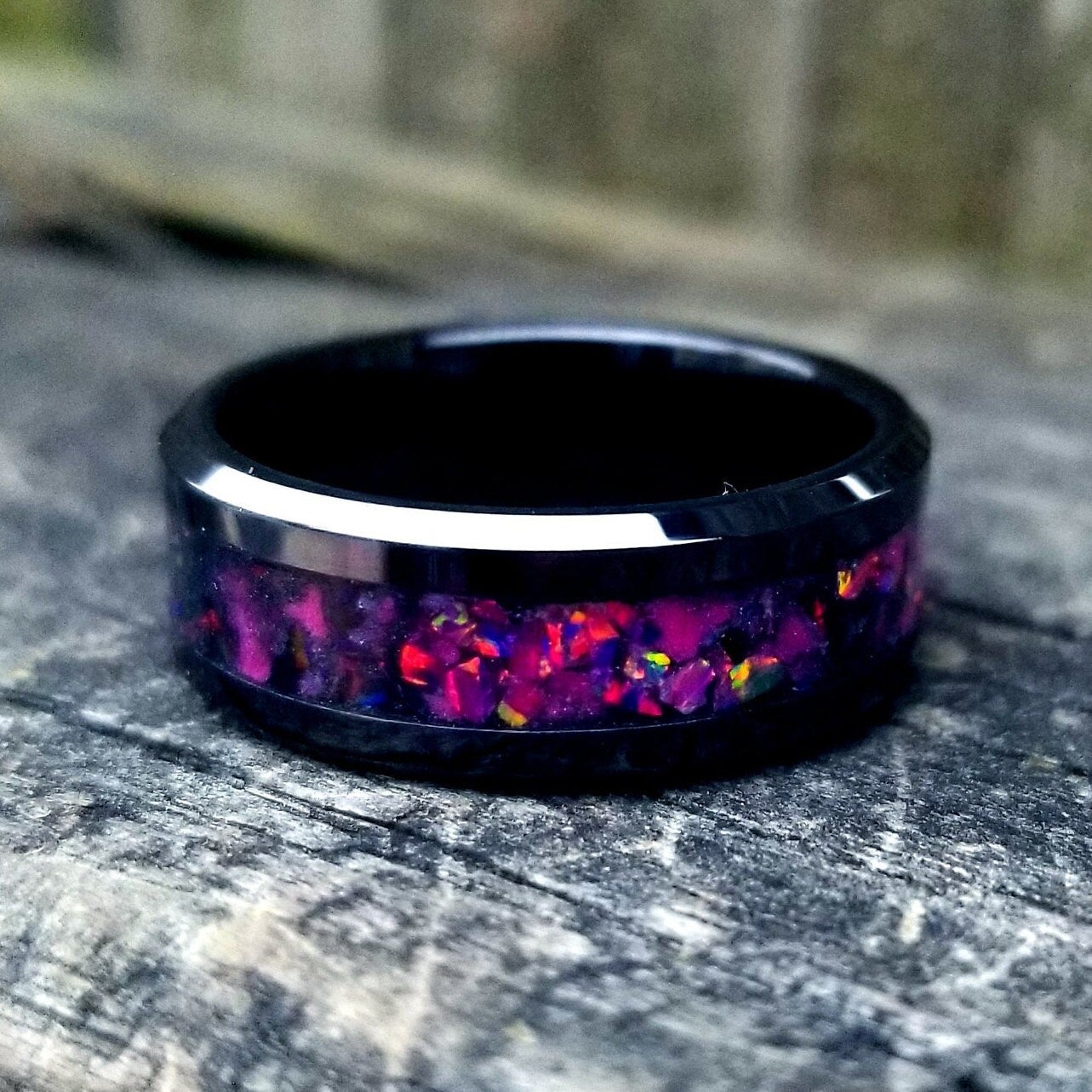 Galaxy opal ring. Black ceramic glow ring with ruby red and black fire opal inlay. Men's ring. Sizes 5-13