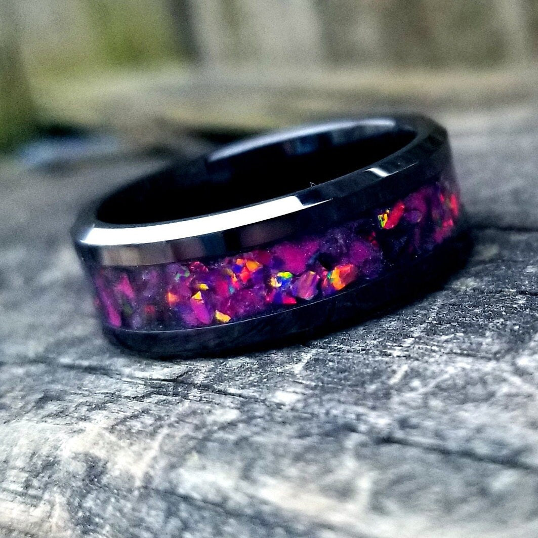 Celestial Firework * Purple Blue Red Black * Beautiful Ring for Men or Women * Glow in the Dark Ring offers * Sturdy Tungsten Core * Free UV Light!