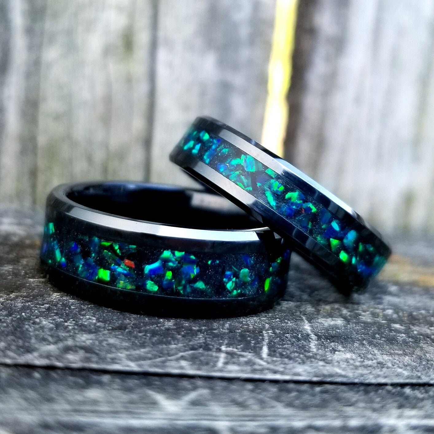 His and Hers Wedding Ring Set. Opal rings. Black Ceramic ring set with green fire opal and glowstone inlay. 8mm and 6mm rings. Sizes 5-13