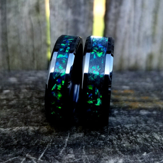 His and Hers Wedding Ring Set. Opal rings. Black Ceramic ring set with green fire opal and glowstone inlay. 8mm and 6mm rings. Sizes 5-13