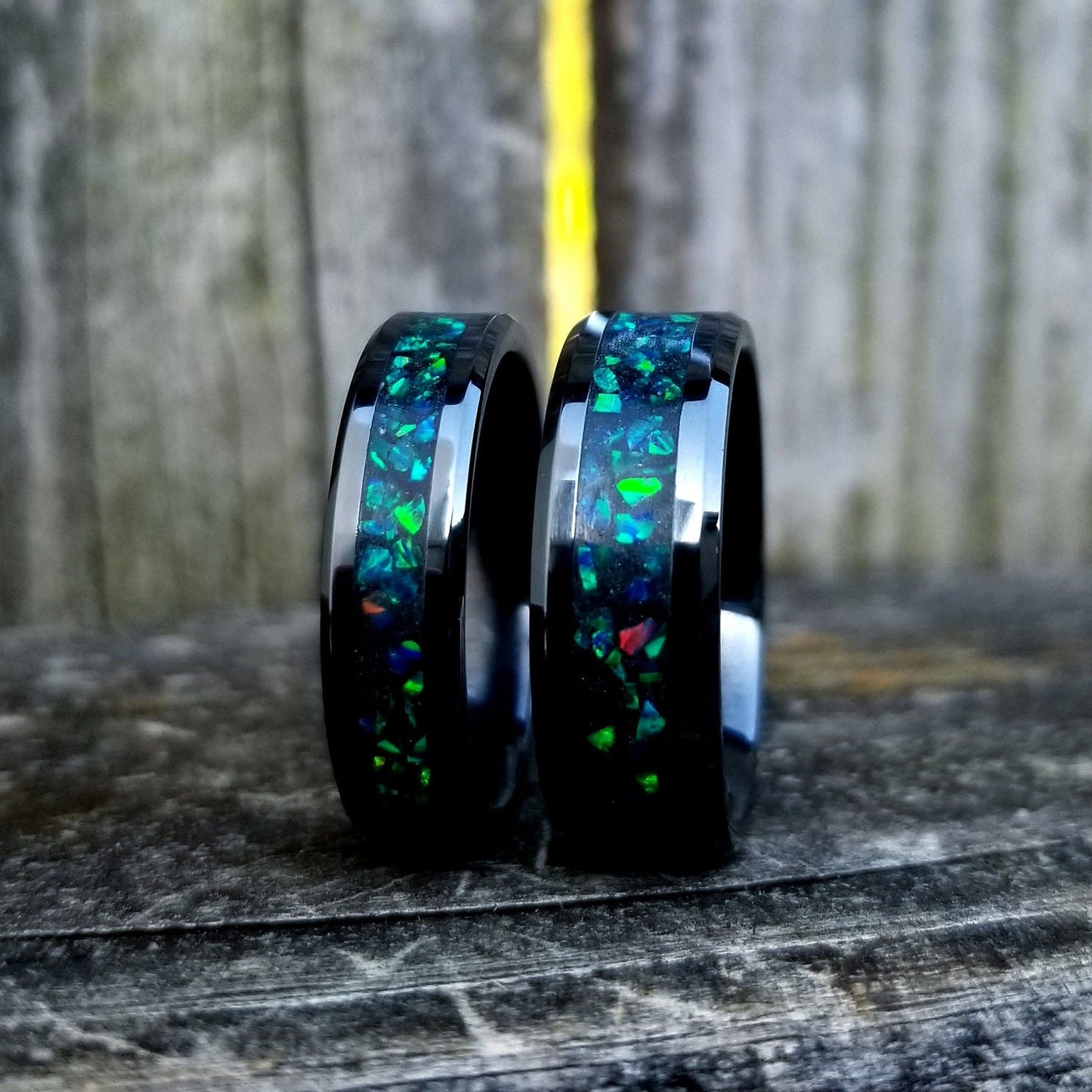 His and Hers Wedding Ring Set. Opal rings. Black Ceramic ring set with green fire opal and glowstone inlay. 8mm and 6mm rings. Sizes 5-13