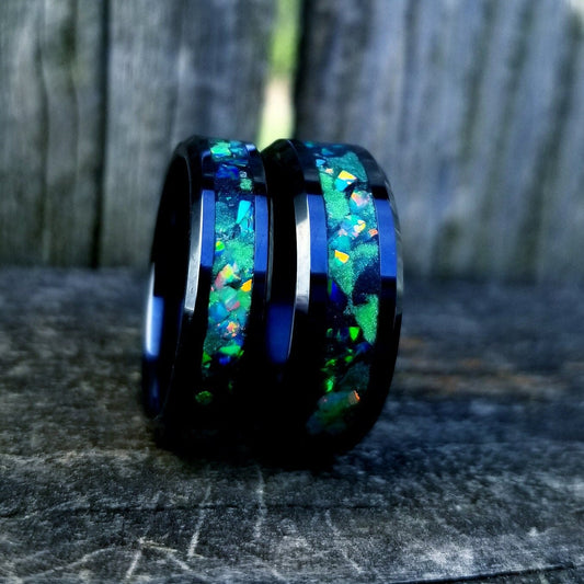 His and Hers wedding ring set. Galaxy fire opal ring. Black ceramic glow ring set with green opal and jade fire opal inlay. Sizes 5-13