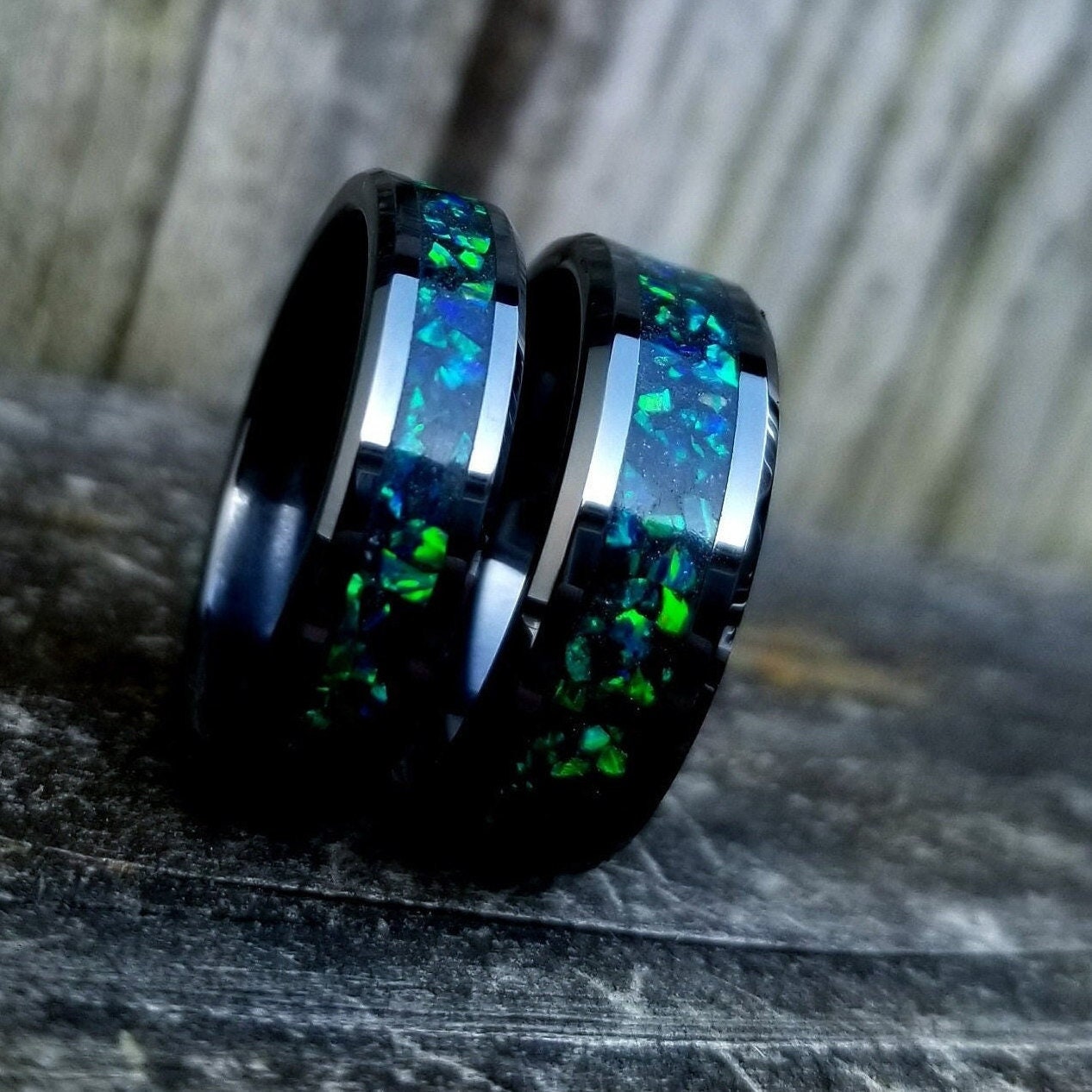 His and Hers wedding ring set. Galaxy fire opal ring. Tungsten glow ri –  Orth Custom Rings