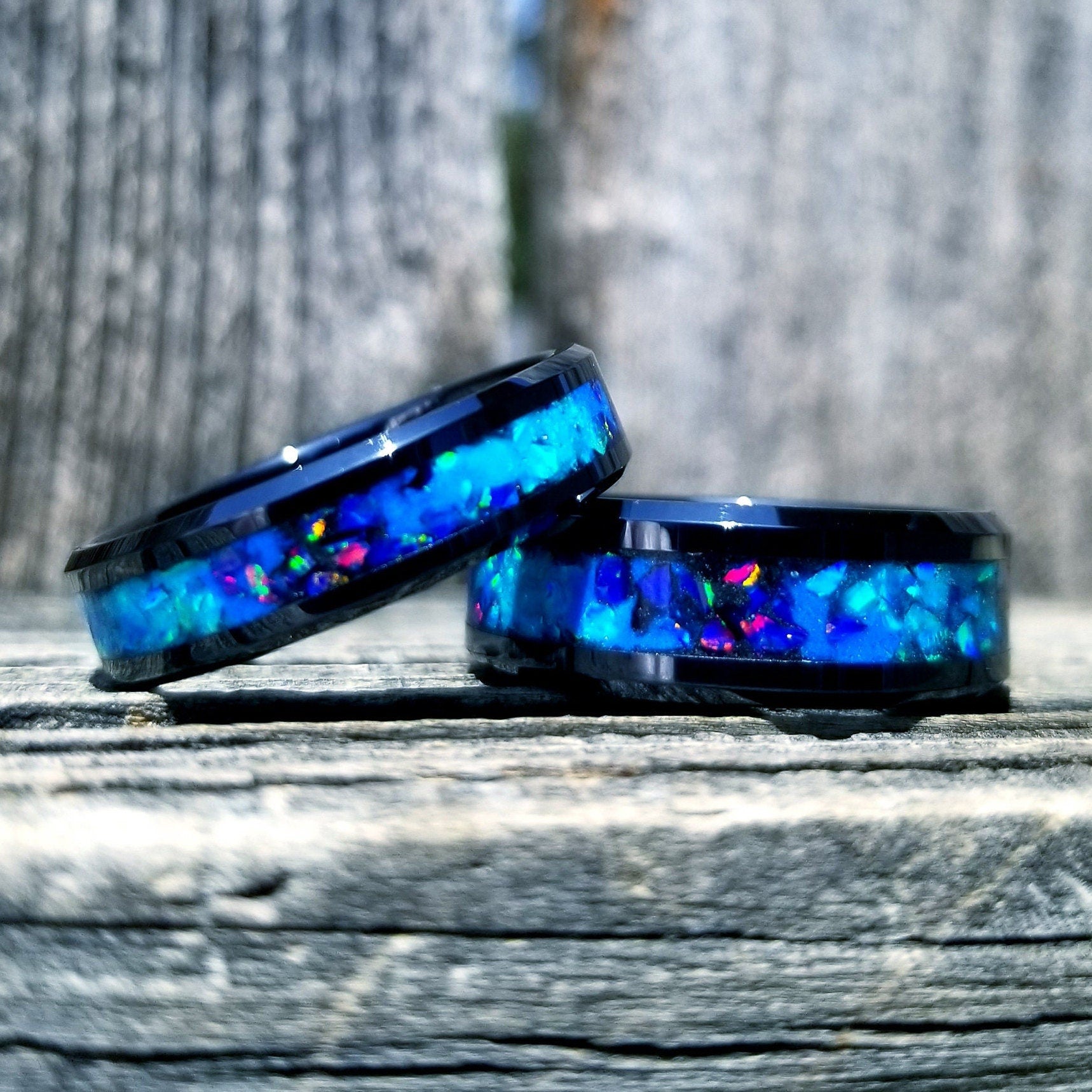 His & Hers Wedding Ring Set- Black Ceramic Ring Set with Green Fire Opal & Glowstone Inlay - 8mm & 6mm Rings - Sizes 5-13 - Orth Custom Rings