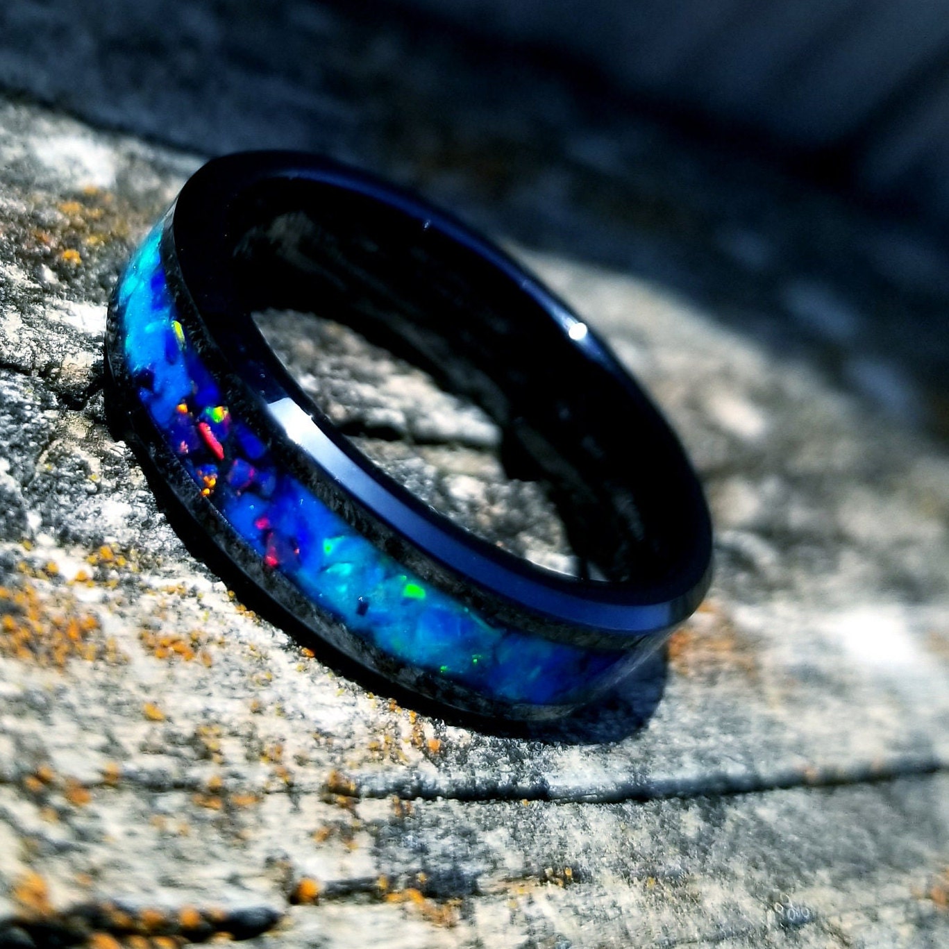 His and Hers wedding ring set. Galaxy fire opal ring. Black ceramic glow ring set with turquoise opal and blue fire opal inlay. Sizes 5-13