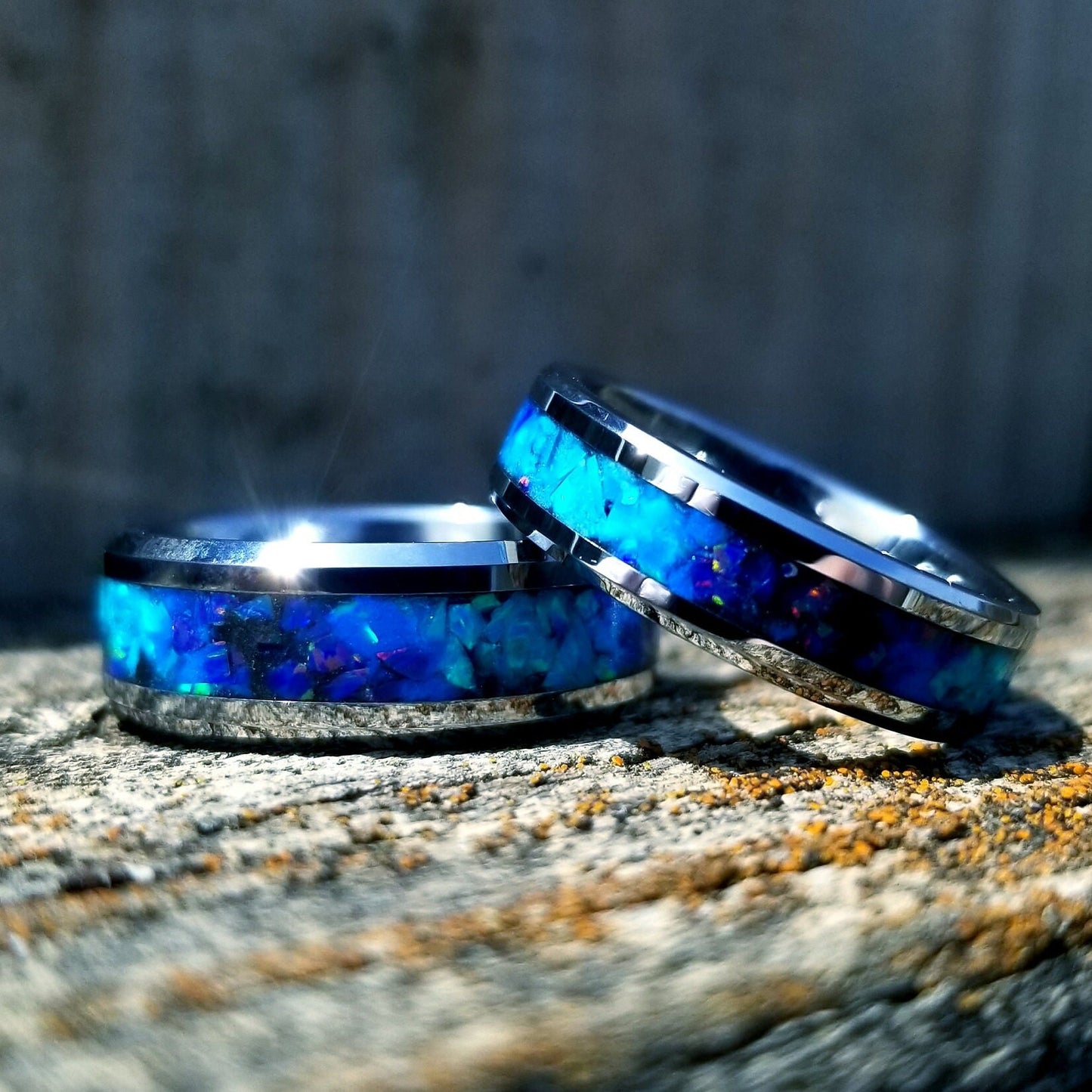 His and Hers wedding ring set. Galaxy fire opal ring. Tungsten glow ring set with turquoise opal and blue fire opal inlay. Sizes 5-13