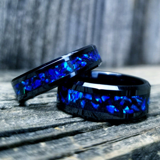 His and Hers Wedding Ring Set. Opal rings. Black Ceramic ring set with violet fire opal and glowstone inlay. 8mm and 6mm rings. Sizes 5-13