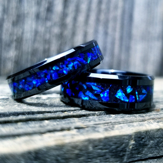 His and Hers Wedding Ring Set. Opal rings. Black Ceramic ring set with violet fire opal and glowstone inlay. 8mm and 6mm rings. Sizes 5-13