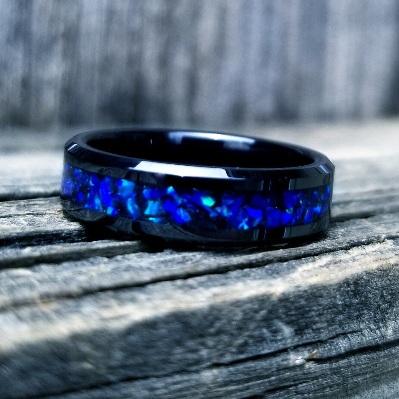 His and Hers Wedding Ring Set. Opal rings. Black Ceramic ring set with violet fire opal and glowstone inlay. 8mm and 6mm rings. Sizes 5-13