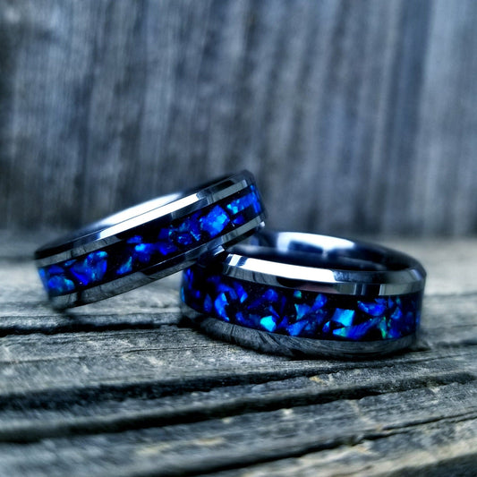 His and Hers wedding ring set. Blue opal ring. Tungsten glow ring set with violet opal and blue fire opal inlay. Sizes 5-13