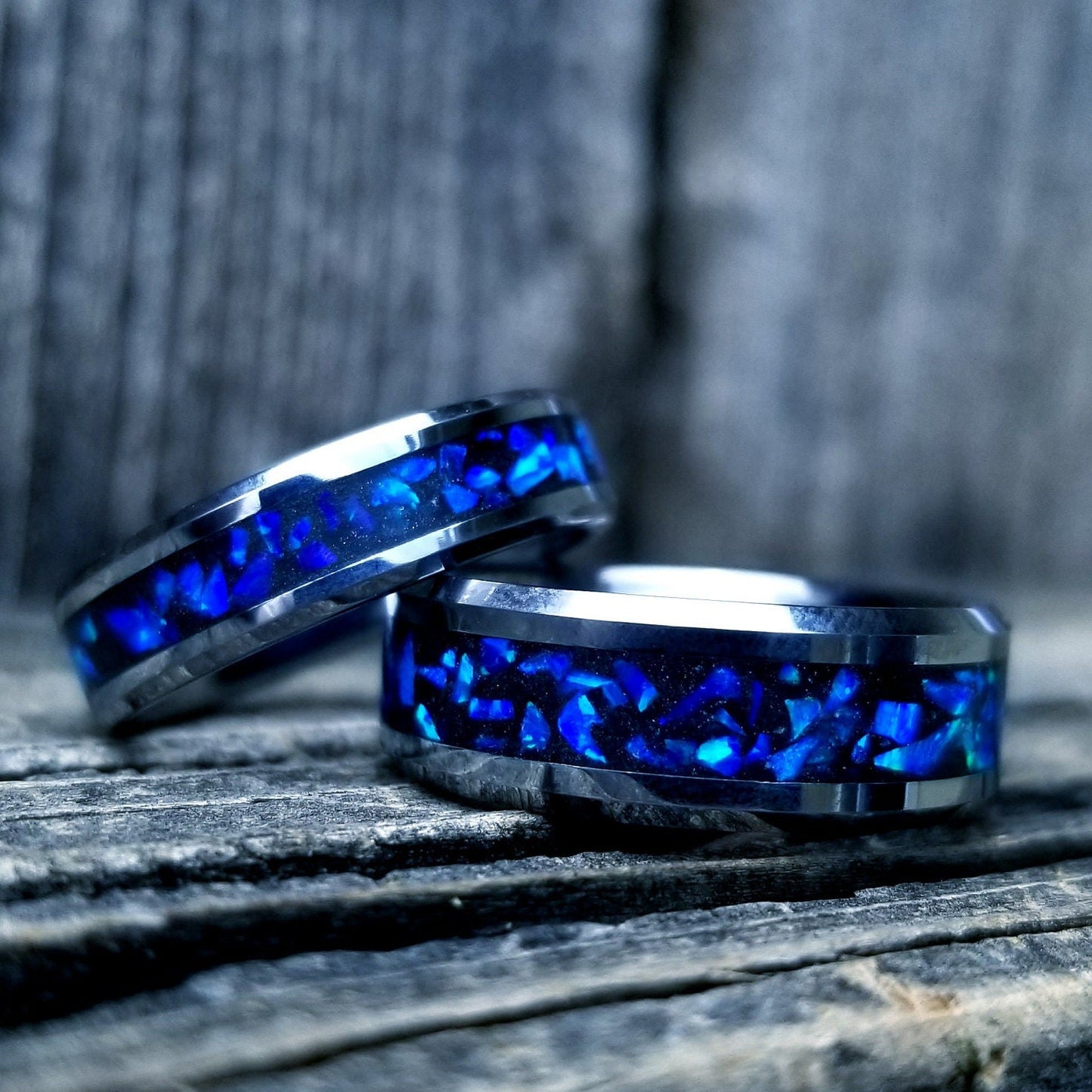 His and Hers wedding ring set. Blue opal ring. Tungsten glow ring set with violet opal and blue fire opal inlay. Sizes 5-13