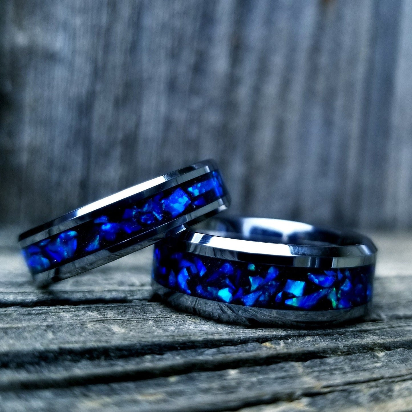 His and Hers wedding ring set. Blue opal ring. Tungsten glow ring set with violet opal and blue fire opal inlay. Sizes 5-13