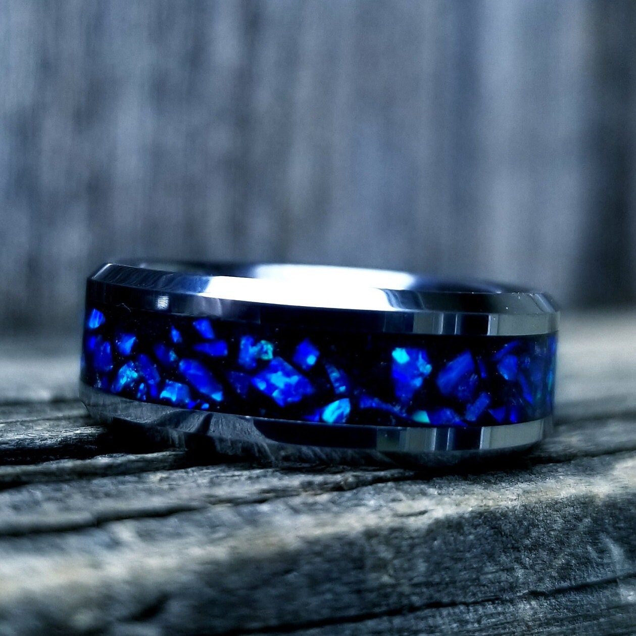 His and Hers wedding ring set. Blue opal ring. Tungsten glow ring set with violet opal and blue fire opal inlay. Sizes 5-13