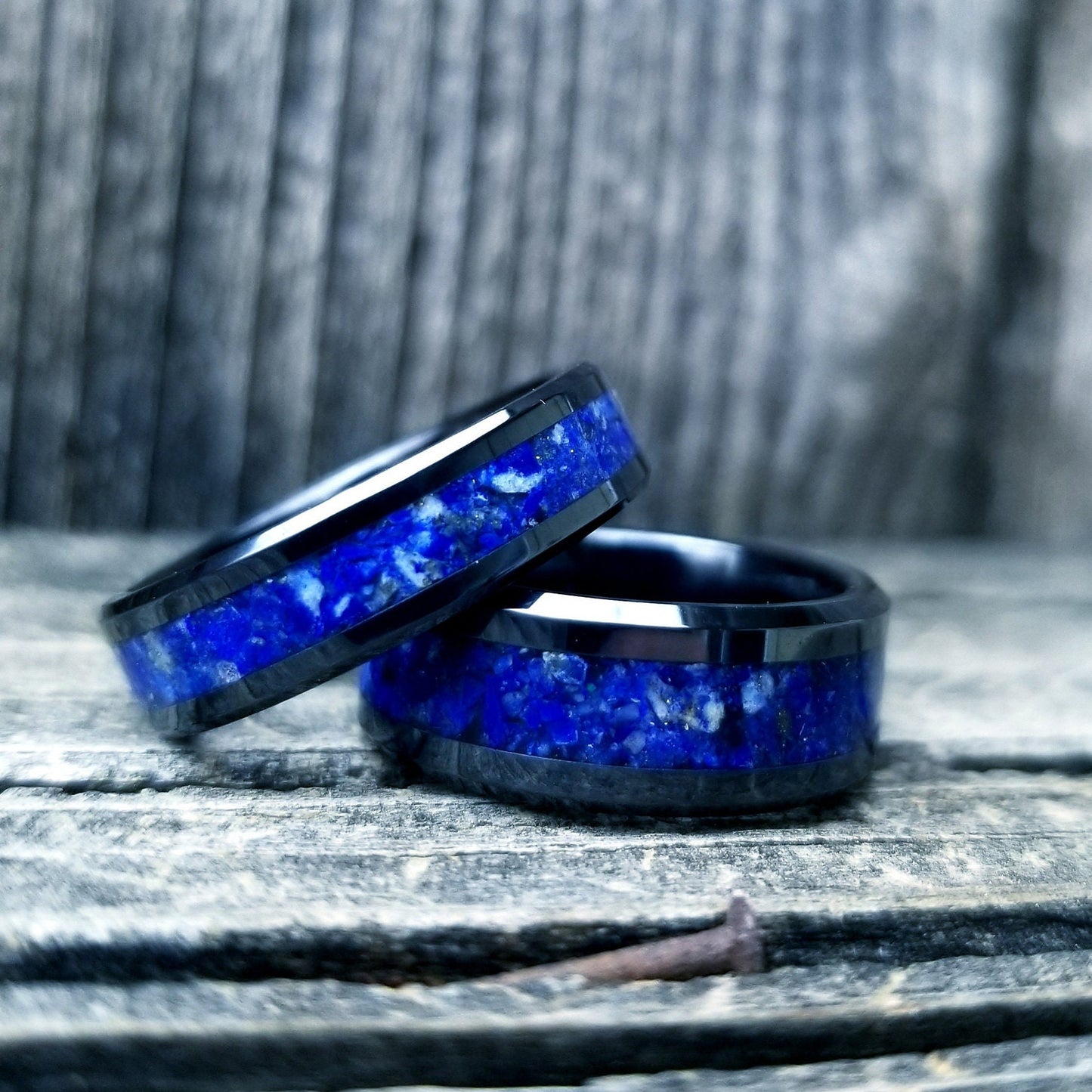 Black ceramic ring with lapis lazuli inlay. Crushed lapis lazuli ring.  Sizes 5-13