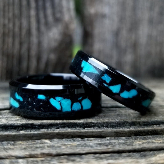 His and Hers wedding ring set. Black ceamic glow ring with turquoise inlay. Glow ring. black glow ring. Sizes 5-13