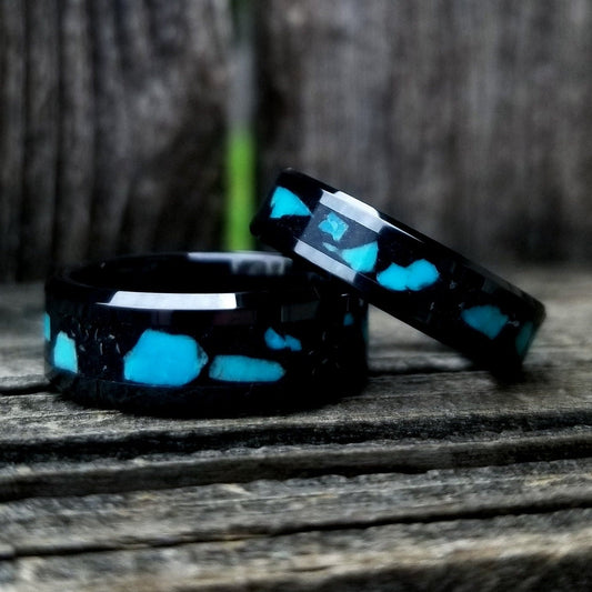 His and Hers wedding ring set. Black ceamic glow ring with turquoise inlay. Glow ring. black glow ring. Sizes 5-13