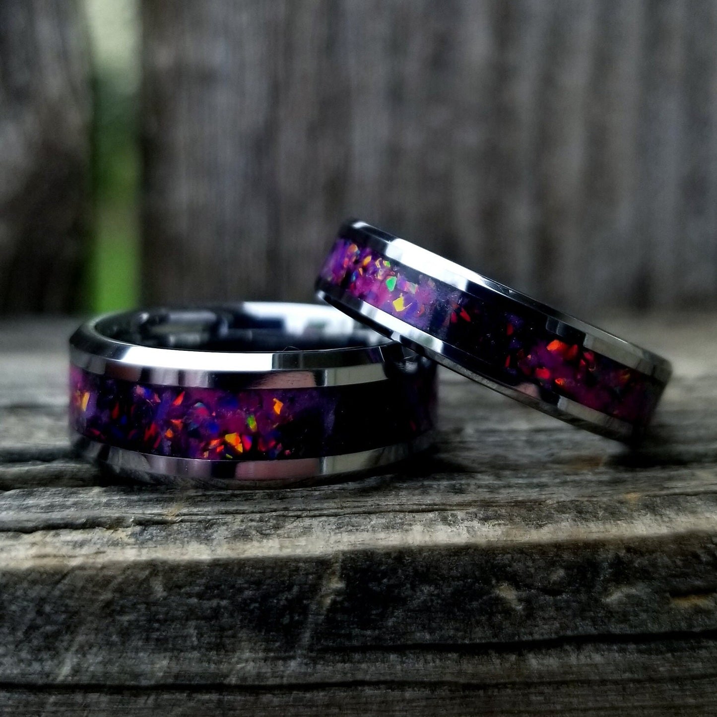 Tungsten carbide galaxy opal glow ring with ruby red and black fire opal inlay. Tungsten glow ring. Men's ring. women's ring. Sizes 5-13