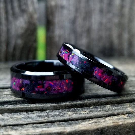 His and Hers wedding ring set. Galaxy fire opal ring. Black ceramic glow ring with ruby red and black fire opal inlay. Sizes 5-13