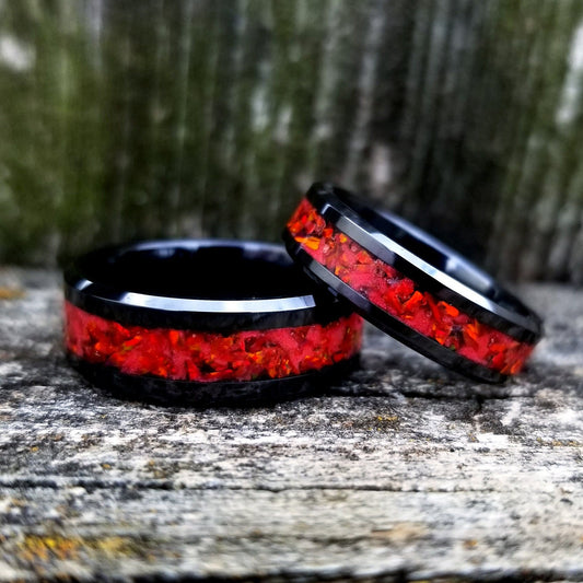 His and Hers Wedding Ring Set. Opal rings. Black Ceramic ring set with red fire opal and glowstone inlay. 8mm and 6mm rings. Sizes 5-13